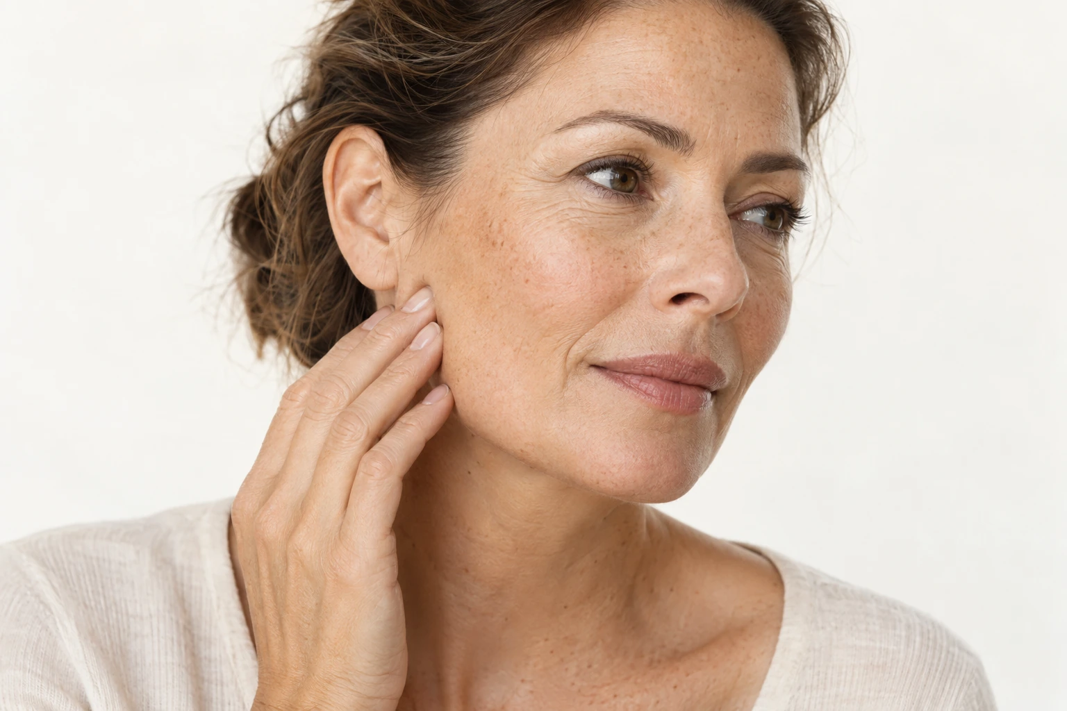 Illustrative portrait of a woman resting her hand beside a tense jaw