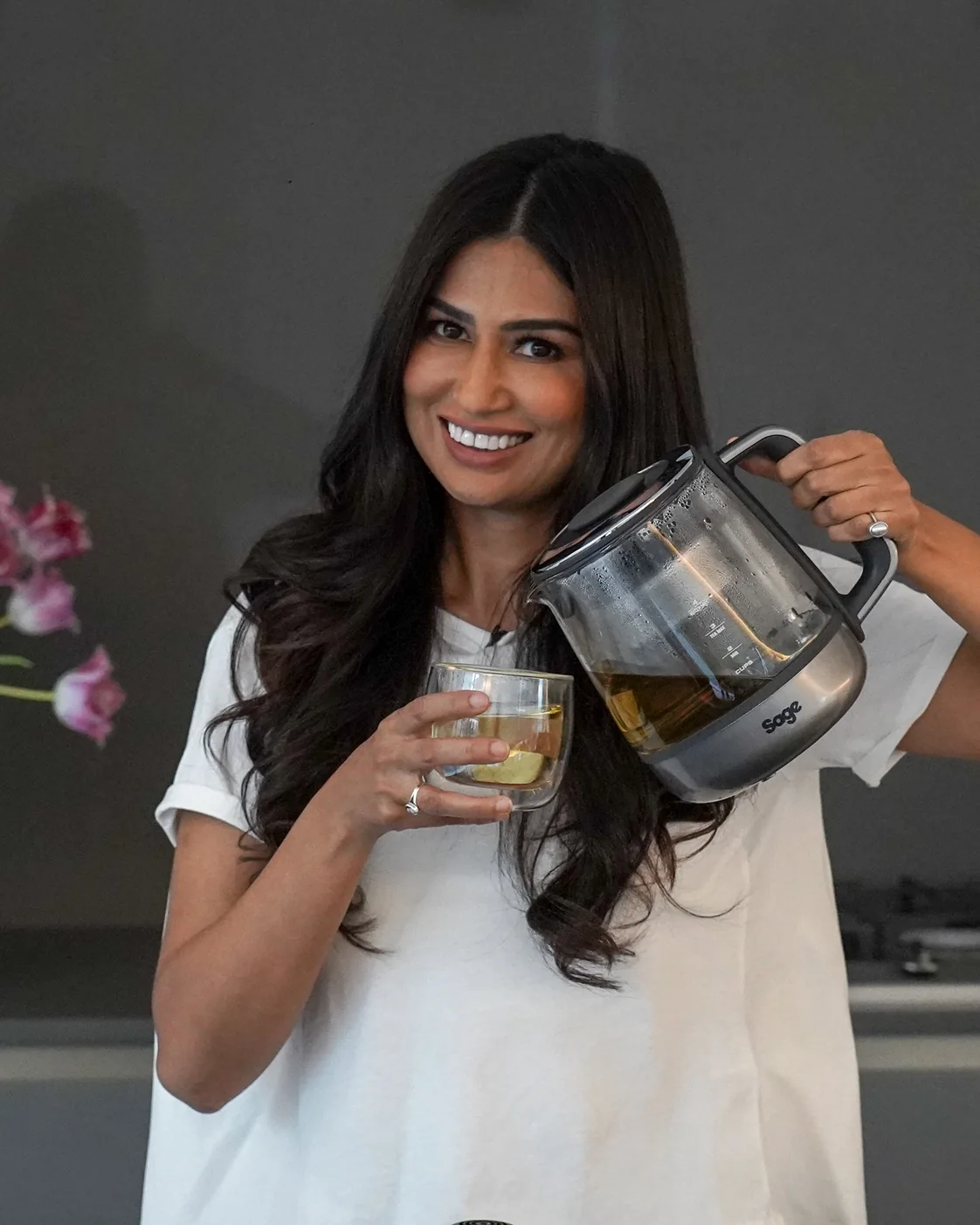 Uma Ghosh with her morning tea ritual in the kitchen