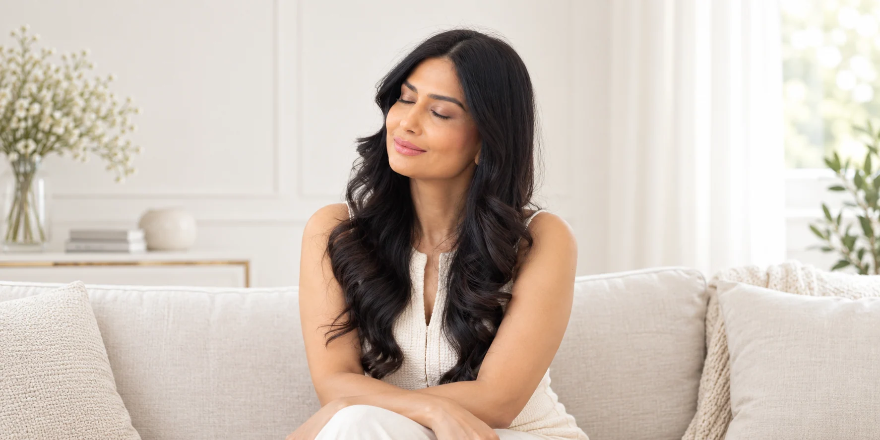 Uma with eyes softly closed, a gentle smile and relaxed shoulders after a self-care pause