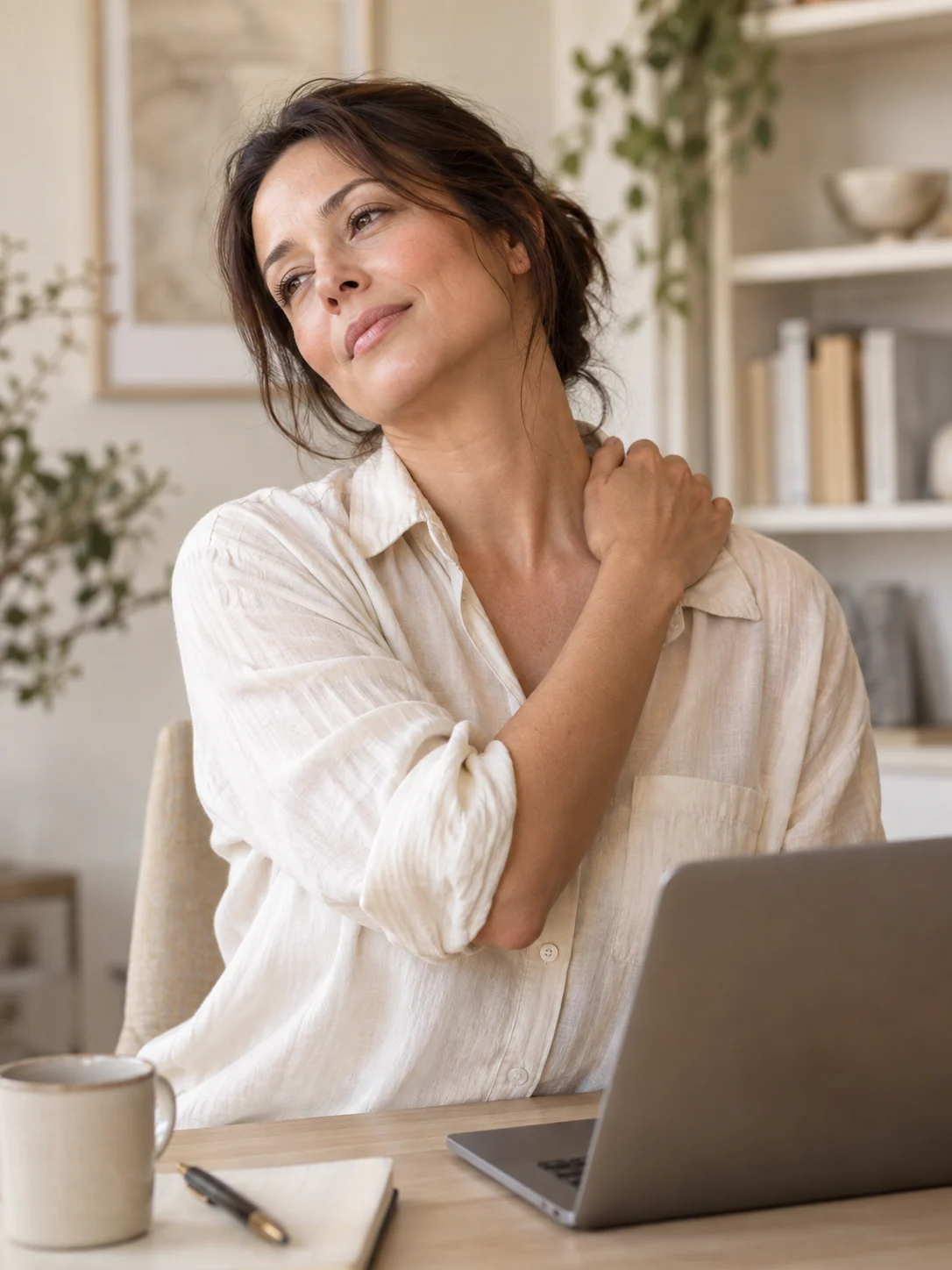 A woman taking a gentle neck and shoulder break from her laptop