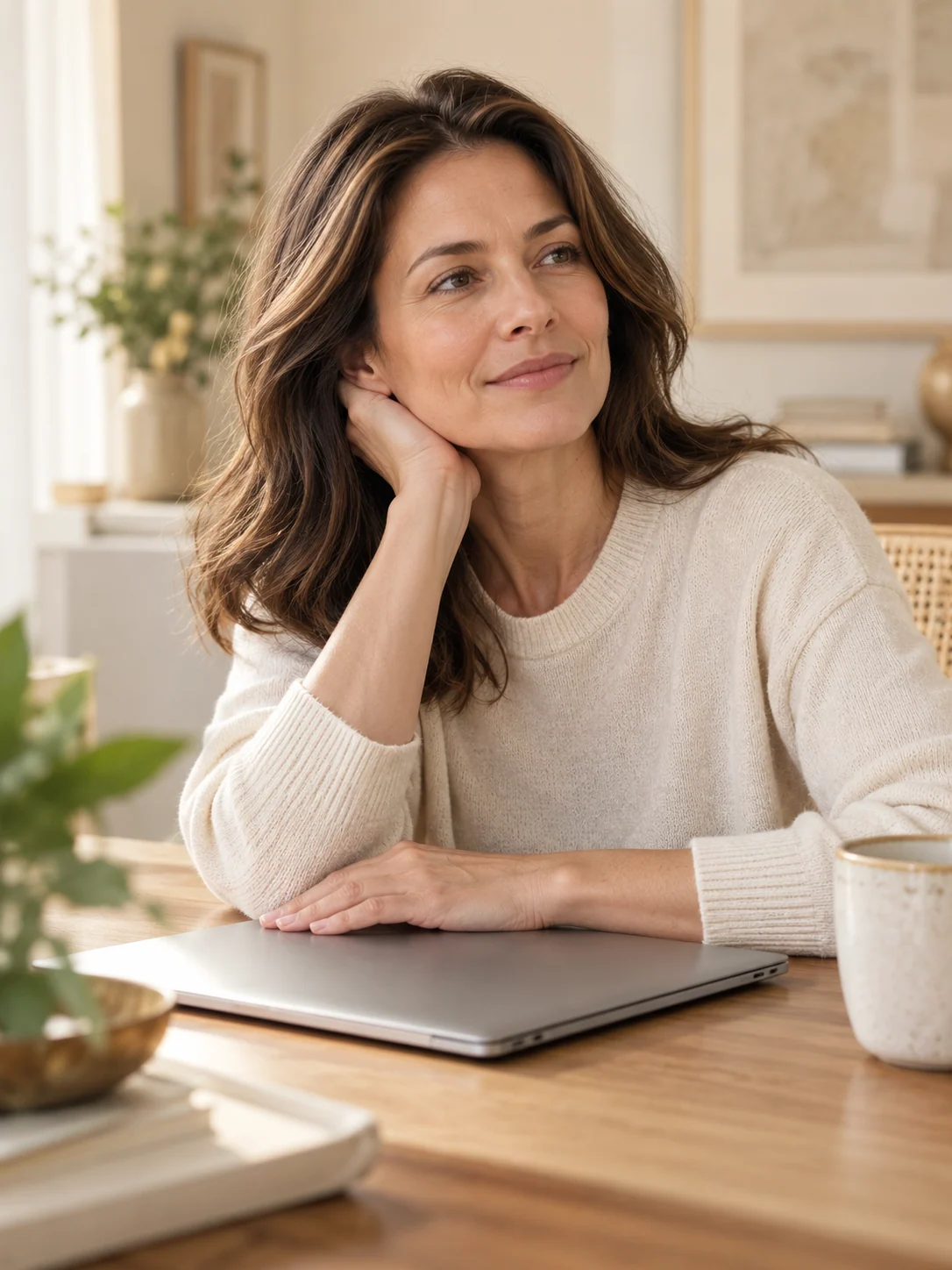 A woman pausing from her laptop at a quiet home desk