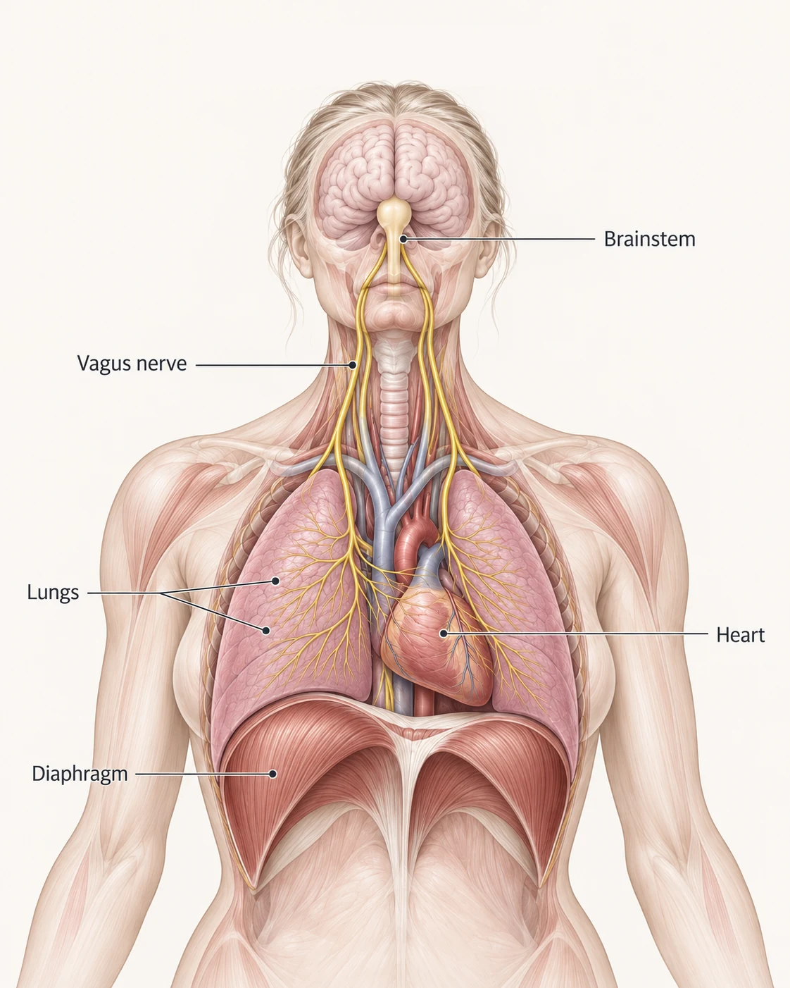 Anatomical diagram of the breathing and vagal pathway, labelling the brainstem, vagus nerve, lungs, heart and diaphragm