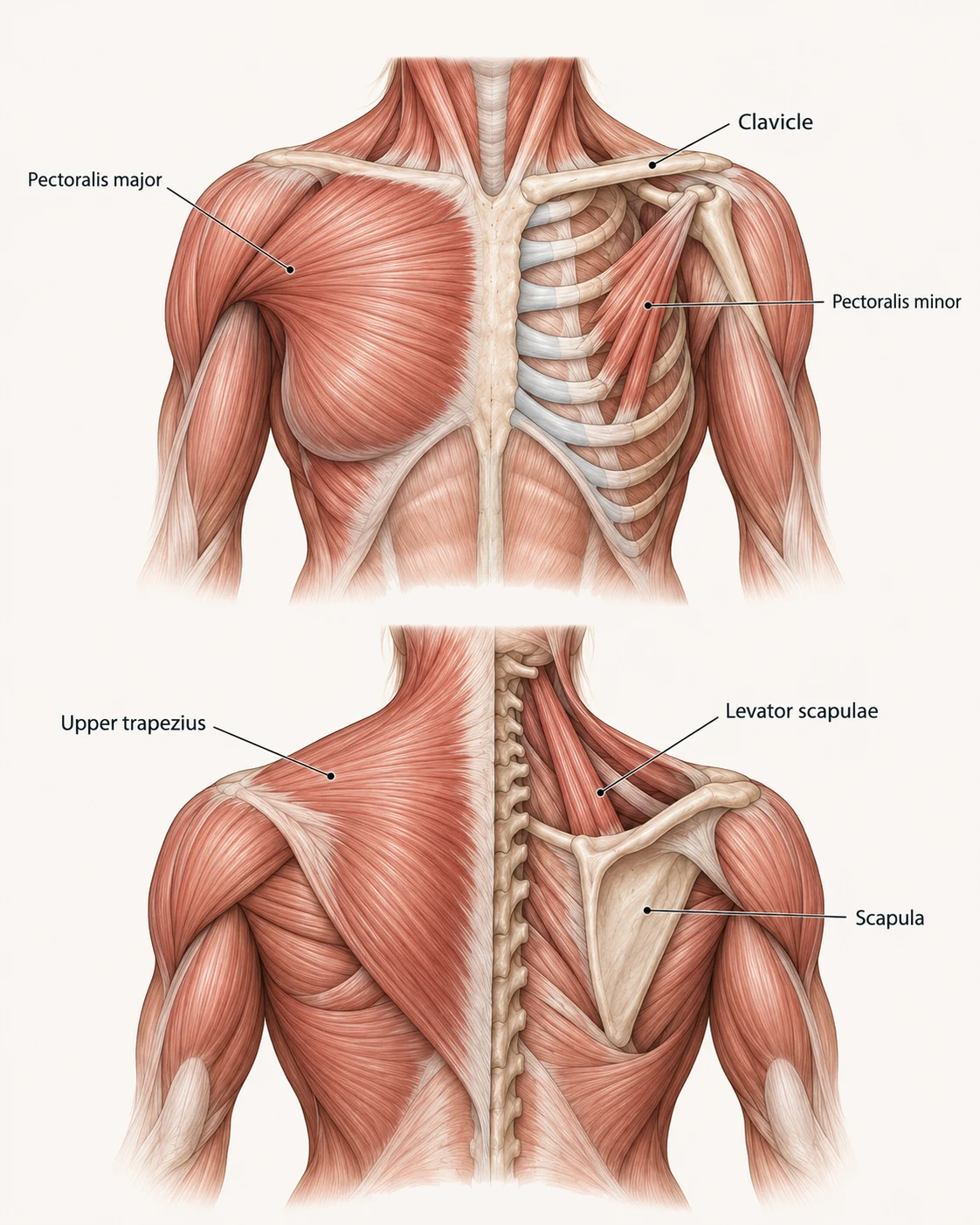 Anatomical diagram of the chest and shoulders, anterior and posterior views, labelling the pectoralis major and minor, clavicle, upper trapezius, levator scapulae and scapula