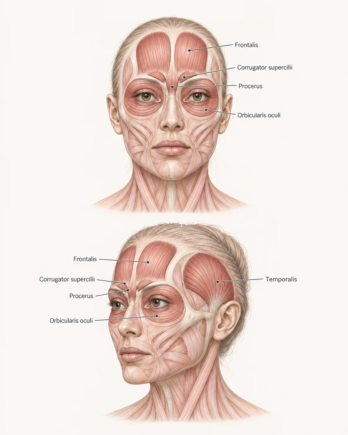 Anatomical diagram of the face, eyes and temples, labelling the frontalis, corrugator supercilii, procerus, orbicularis oculi and temporalis