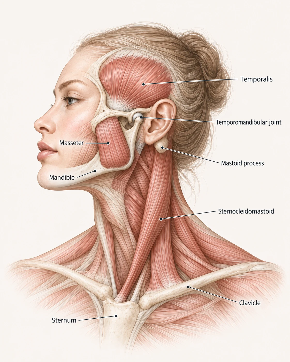 Anatomical diagram of the jaw and the side of the neck, labelling the temporalis, masseter, mandible, temporomandibular joint, mastoid process, sternocleidomastoid, clavicle and sternum