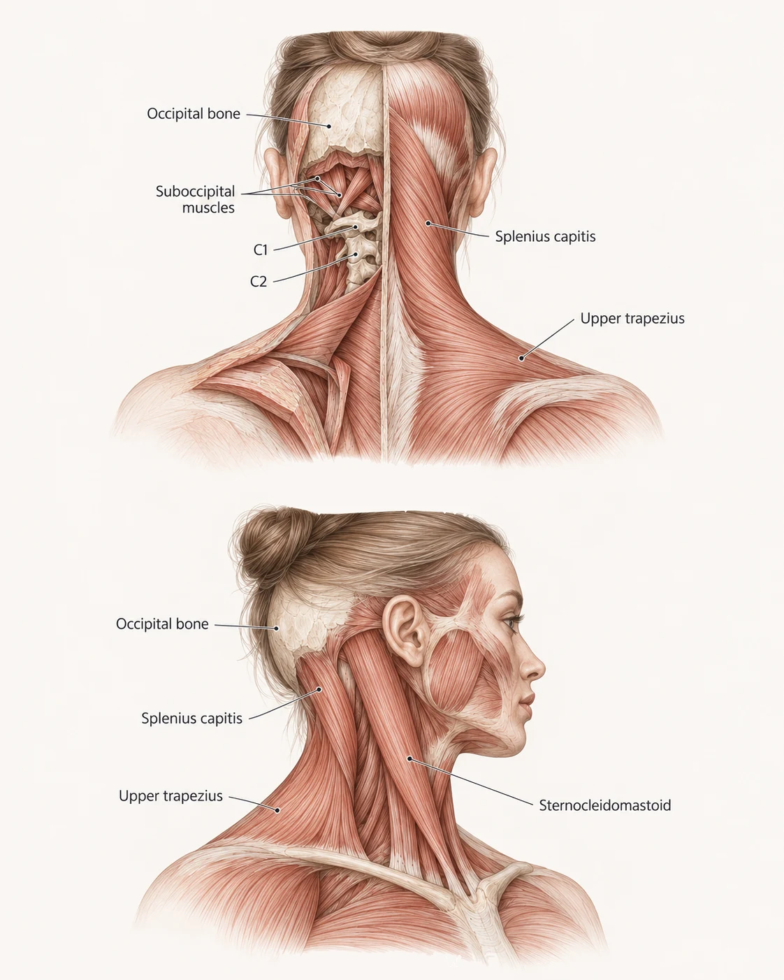 Anatomical diagram of the neck and occipital region, labelling the occipital bone, suboccipital muscles, C1 and C2, splenius capitis, upper trapezius and sternocleidomastoid