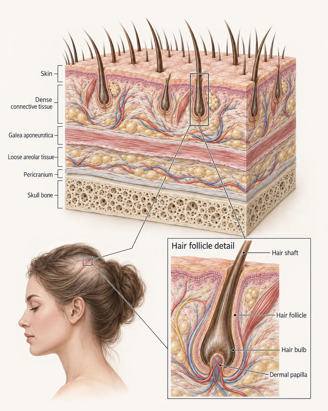 Anatomical diagram of the scalp layers, labelling skin, dense connective tissue, galea aponeurotica, loose areolar tissue, pericranium and skull bone, with a hair follicle detail