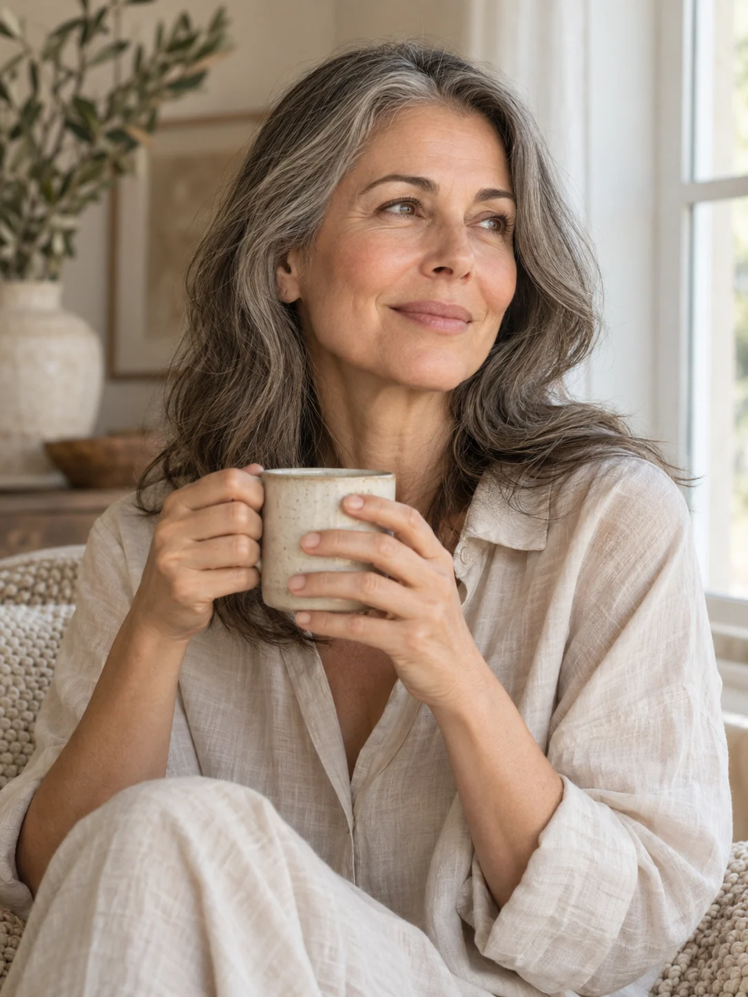 A woman with silver-streaked hair holding a warm cup by a window