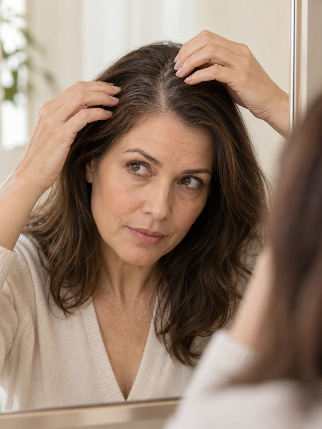 A woman looking at her hair part and scalp in a mirror