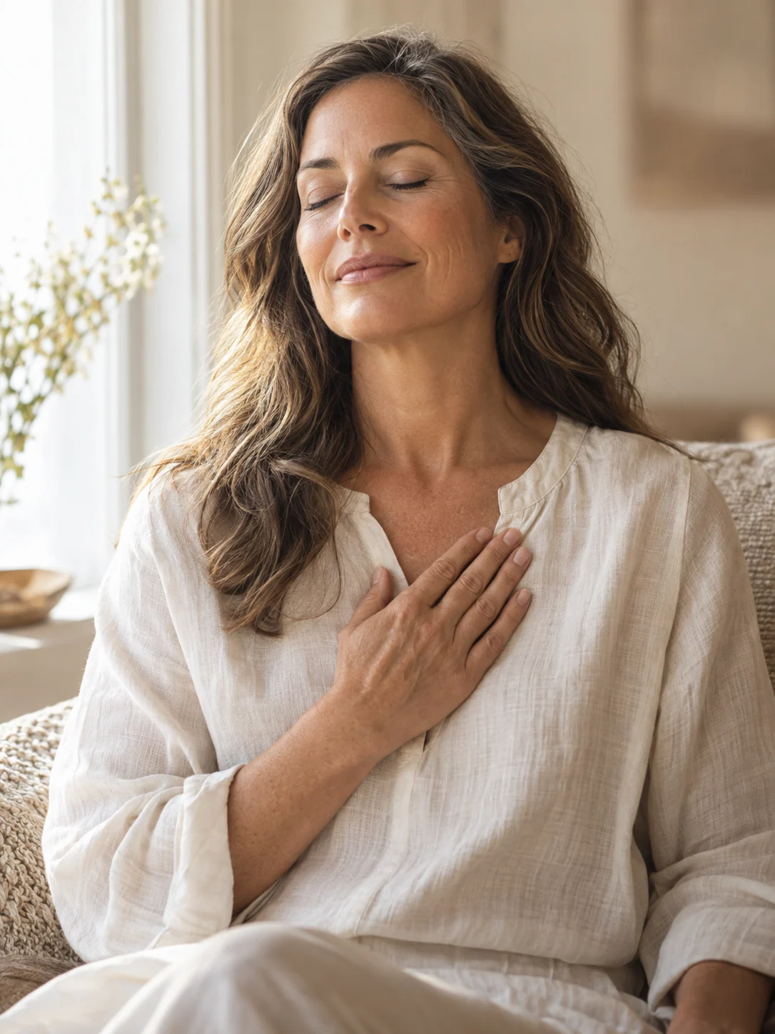 A woman taking a quiet breath with a hand over her heart