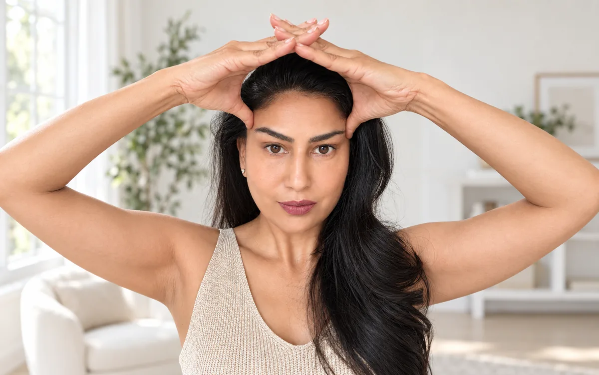 Uma with both arms raised and her hands meeting over the crown of her head