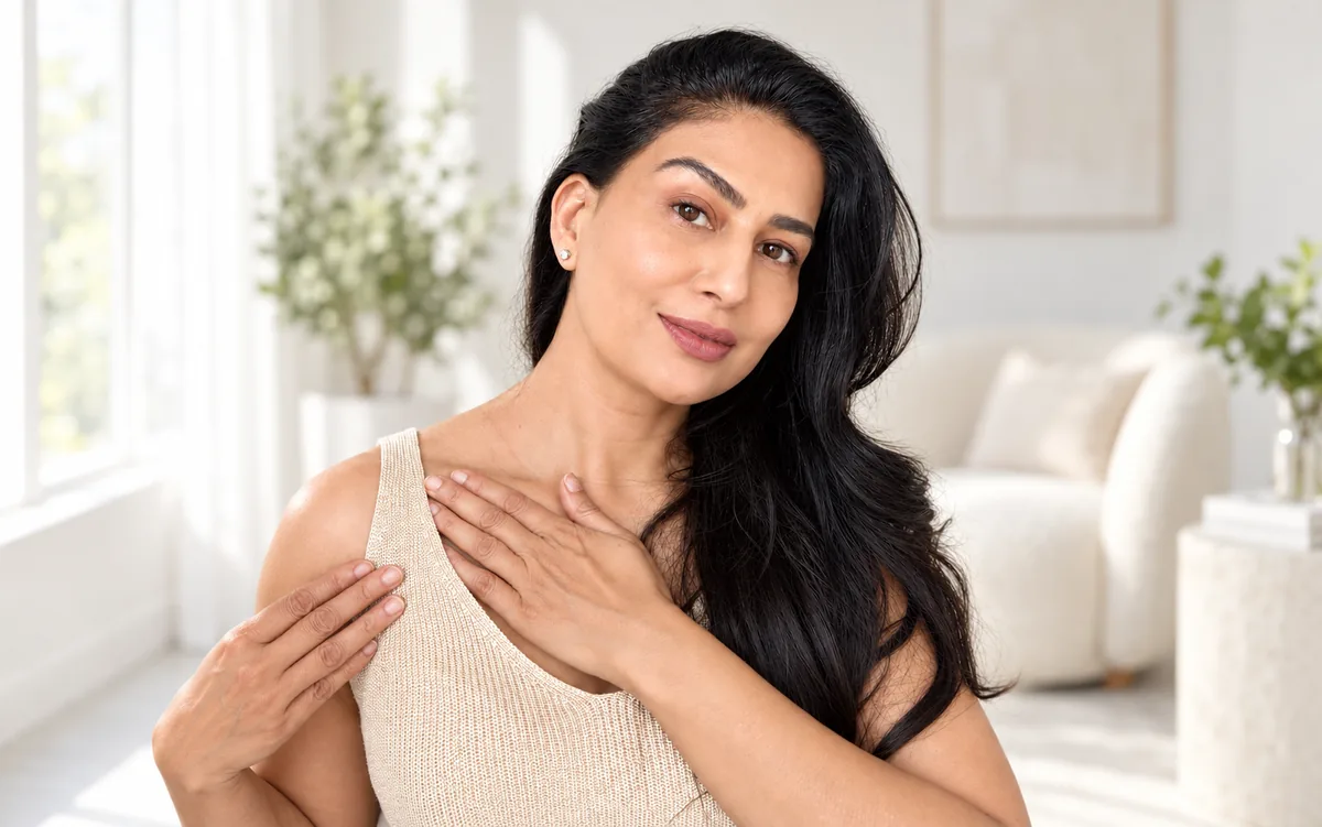 Uma resting one hand across her collarbone and the other on her shoulder