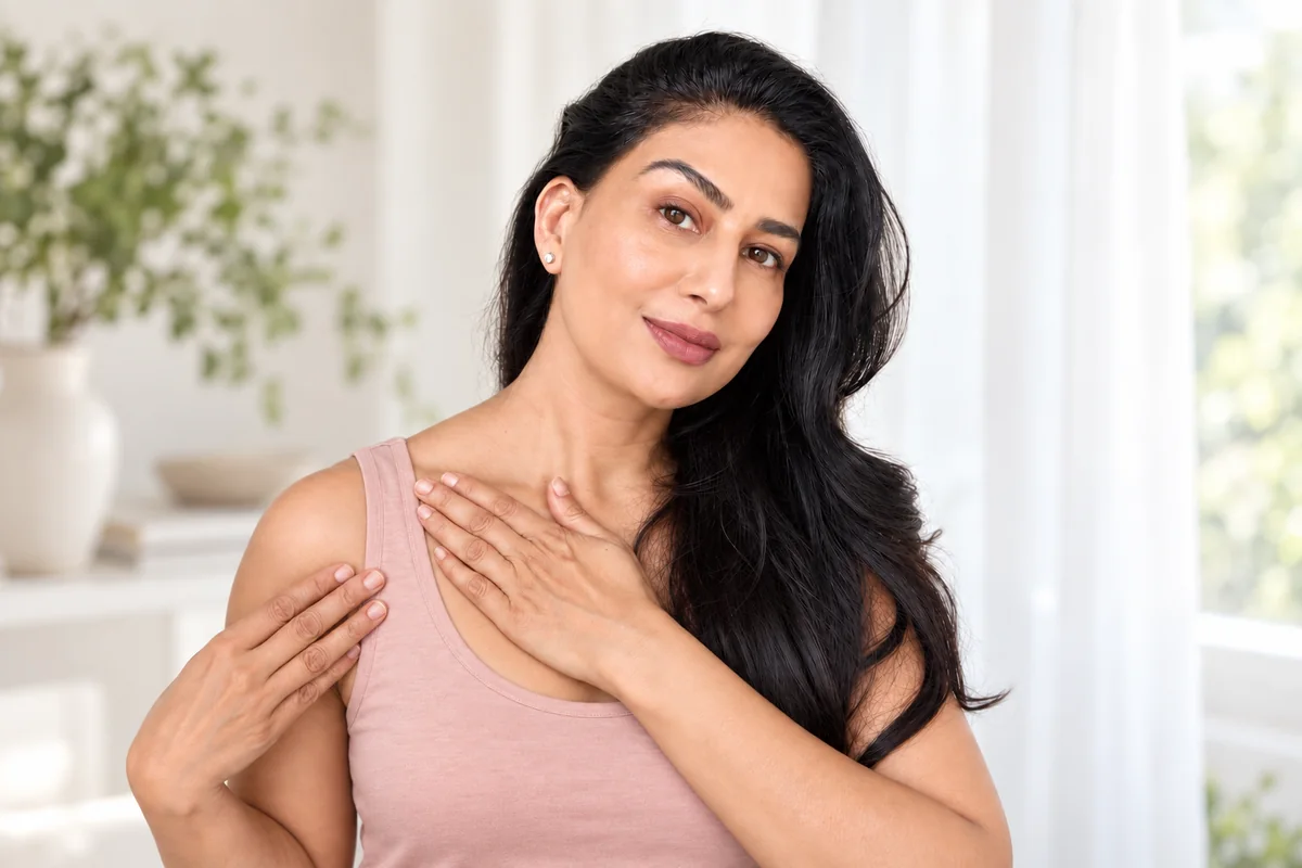 Uma resting both hands across her collarbone and upper chest