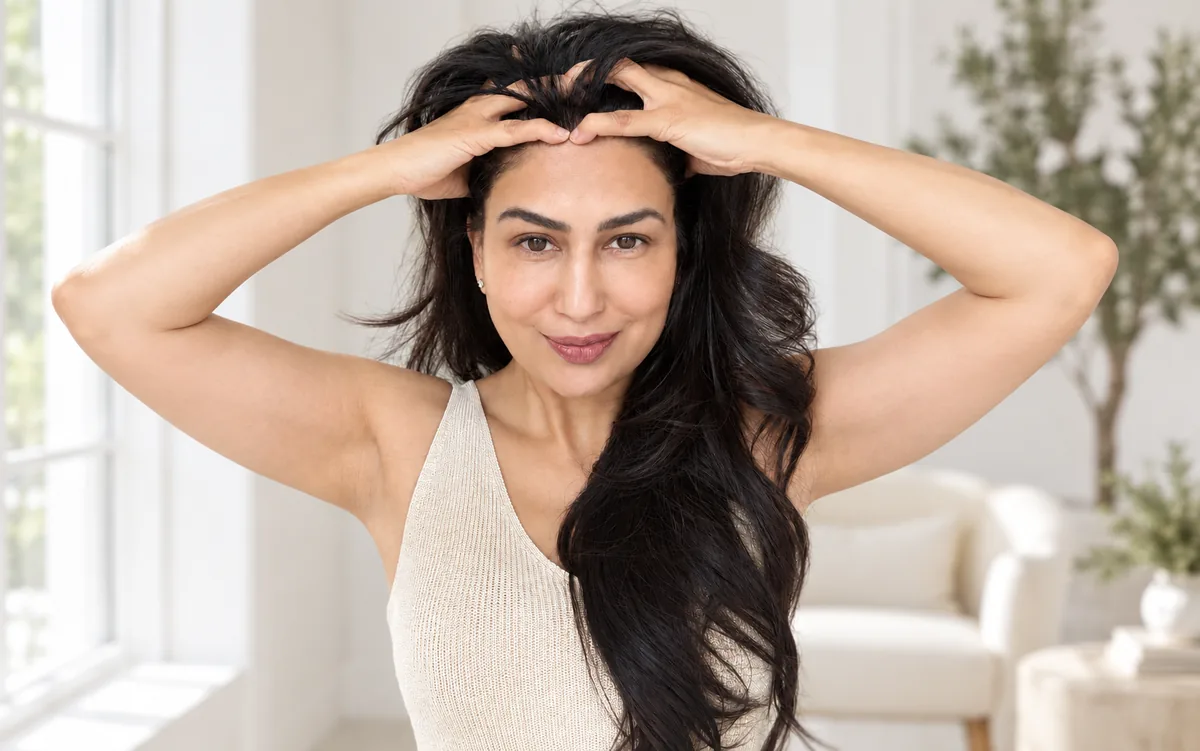 Uma with both hands spread through the scalp at her crown, looking to camera in morning light