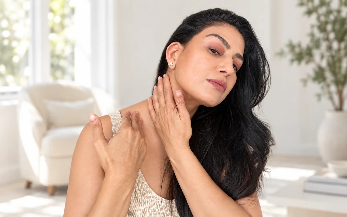 Uma with her head inclined, drawing both hands down the side of her neck