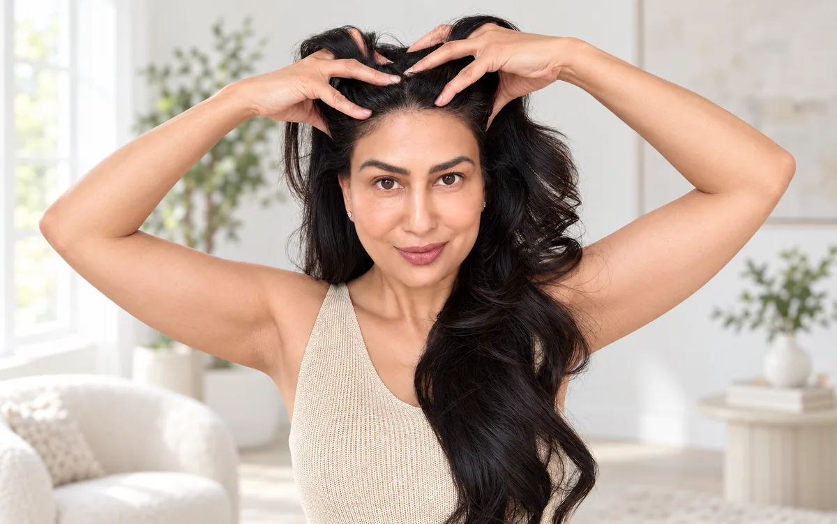 Uma with her fingers resting softly over the top of her head, shoulders relaxed